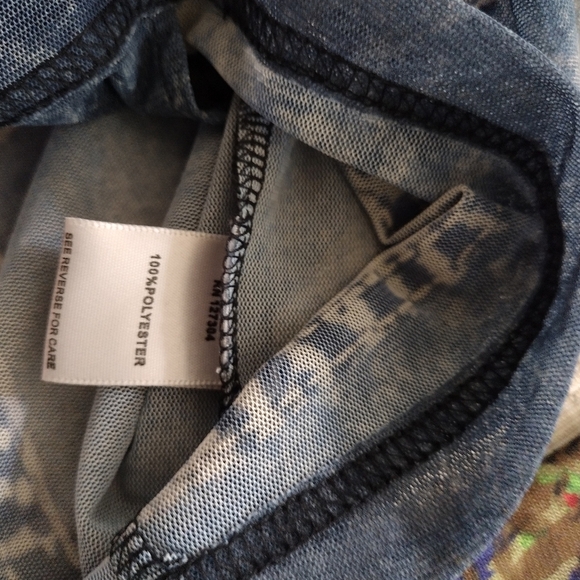 John Mark Top Womens Sz S Sheer Mesh Faux Denim Jacket Full Zip Trompe L’oeil - Picture 8 of 10